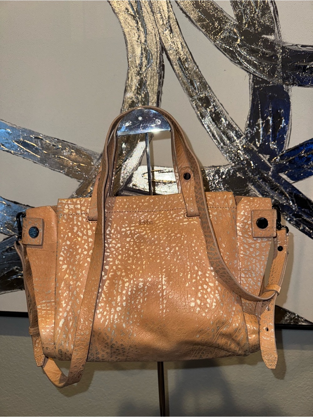 Kooba Tan Leather Shoulder Bag with Metallic Print